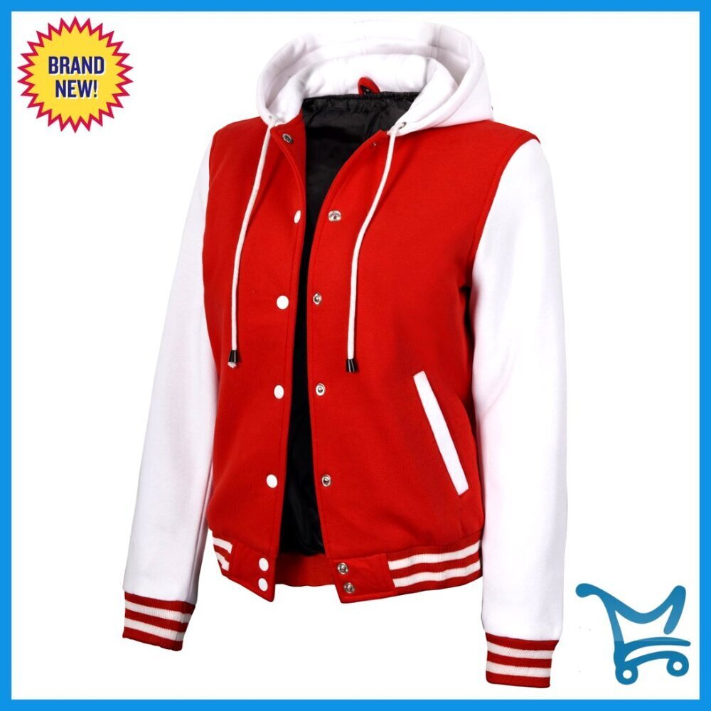Fleece Hooded Varsity Bomber Jacket Women's Regular Fit Letterman Style